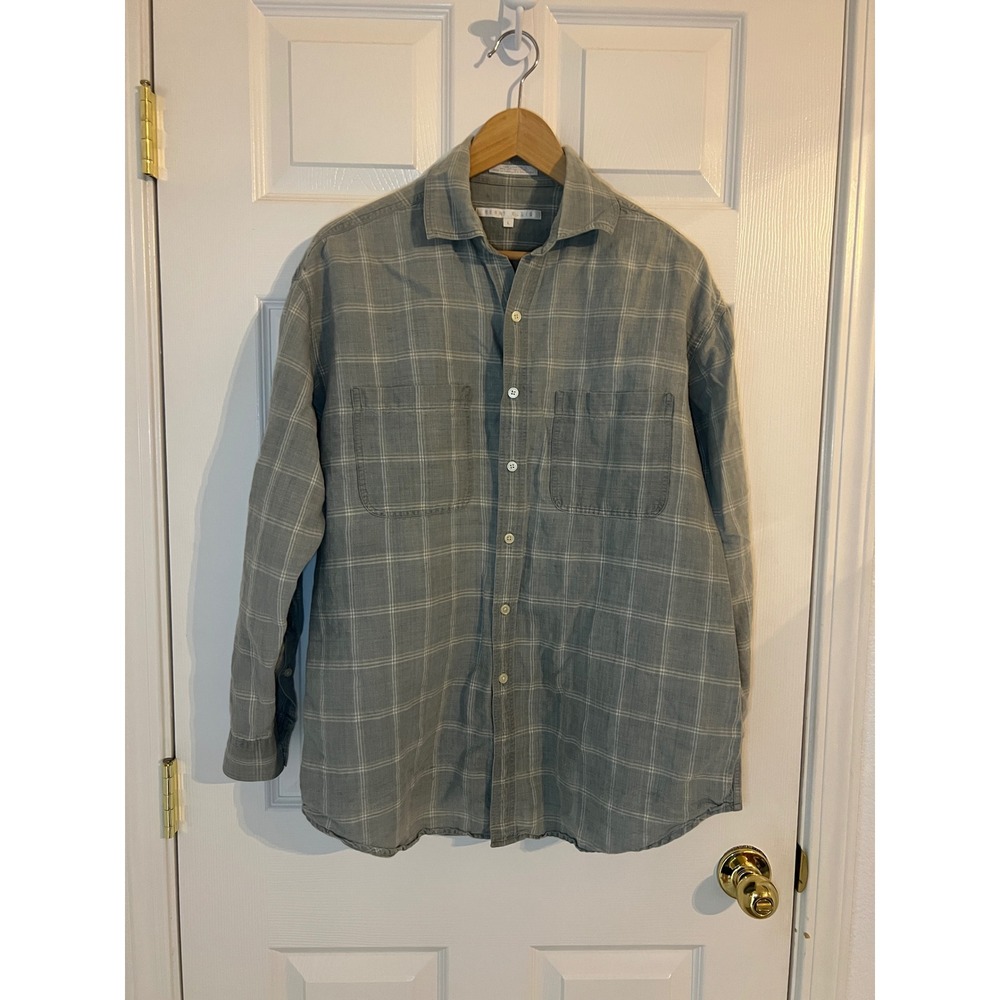 Coastal Prep Plaid Linen Blend Shirt Perry Ellis Men's Large